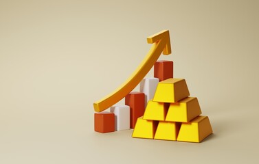 Market Performance, Modern 3D Illustrator Render of Gold Bars and Arrow on Bar Graph