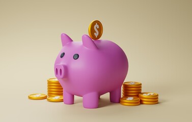 Empowering financial savings piggy bank attracting dollar coins. 3D render.
