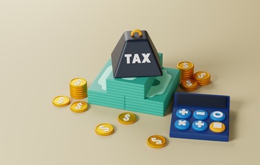 Financial Implications, Tax Burden Signs on Dollar Bills for Tax Increases. 3D render.