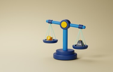 Tax Obligations and Financial Management, Tax Scales and Money Icon for Tax Balance. 3D render.