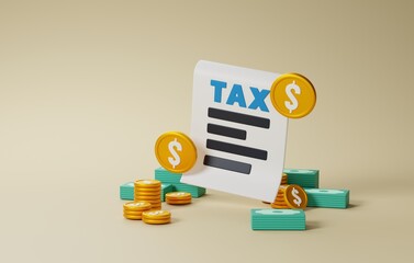 Symbolizing Financial Responsibilities, Money Coin and Tax Form Icon for Tax Management. 3D render.