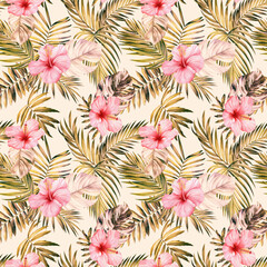 Tropical palm leaves and flowers Seamless pattern. Floral background watercolor hand drawing, Jungle patterns, wallpaper
