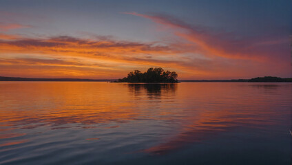 Vibrant hues of orange and pink reflecting on a tranquil body of water, showcasing the beauty of a peaceful evening.