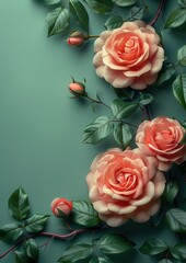 Pink Roses Framed Around Green Background 