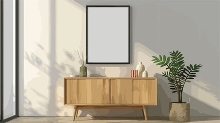 Blank poster frame interior wall with wood cabinet an