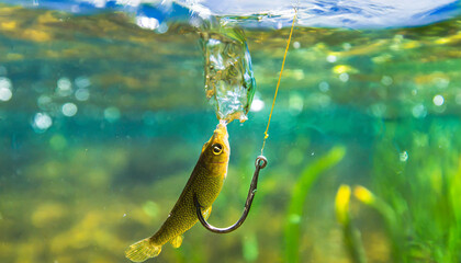 Fishing. Close-up shut of a fish hook under water. - obrazy, fototapety, plakaty