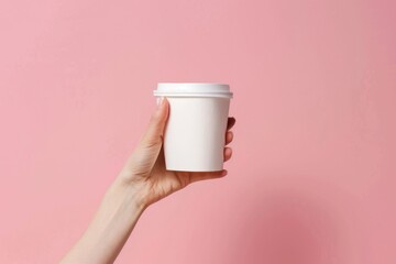 Female hand holds packaging mockup on pink background.