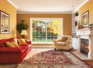 Colorful living room in American home with red sofa and cream leather armchair near fireplace, carpeted floor, window view to front yard, warm color theme