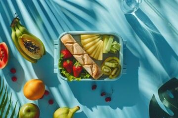Healthy lunch box with sandwiches  fruits  vegetables  water bottle