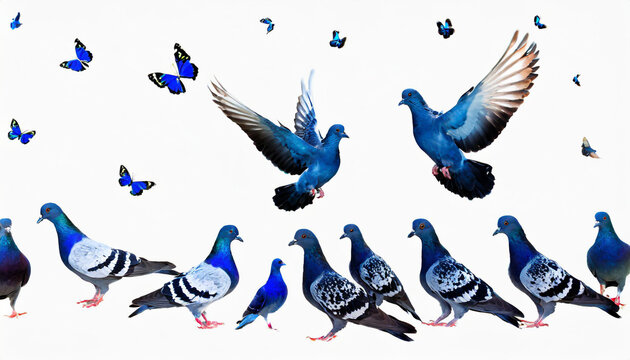 flock of pigeons on a white background butterfly