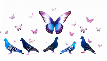 flock of pigeons on a white background butterfly
