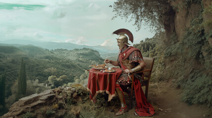 A Roman legionary having lunch against the backdrop of Italian nature