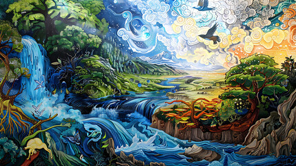 A painting of a river with a waterfall and a bird flying over it  landscape wallpaper natural resources