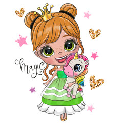 Cartoon Girl Princess in green dress with Unicorn