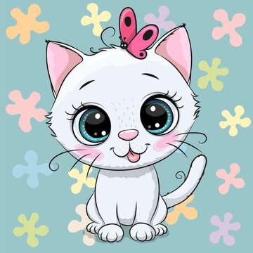Cartoon white kitten on a Blue background