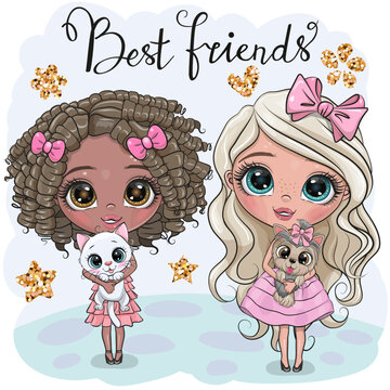 Cute cartoon girls with cat and dog