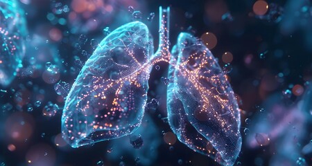 A futuristic 3D render depicting nanotechnology-driven inhalable sensors for respiratory health monitoring, offering real-time feedback on lung function and air quality exposure