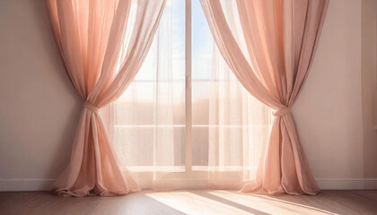 curtains in the room. Window with delicate beige-pink translucent curtains in an empty room