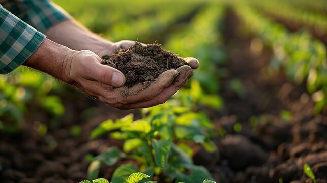 Close shot of a farmer showing soil in his hand with clod of earth with a blurry vegetable field with space for text or product, Generative AI.