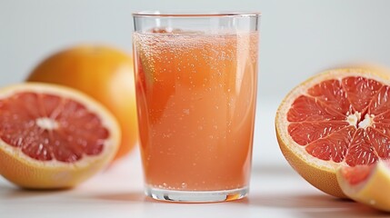 A crystal-clear glass of grapefruit juice against a pure white background