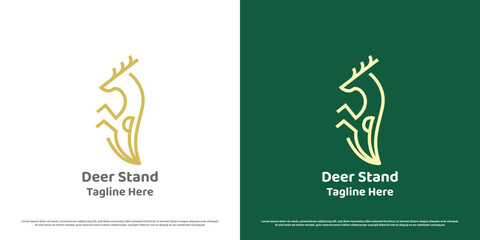 Deer badge logo design illustration. Linear silhouette of standing deer body reindeer elk fawn doe stag hill animal stand badge stamp hunter club. Simple crest modern geometric minimalist icon symbol. - obrazy, fototapety, plakaty