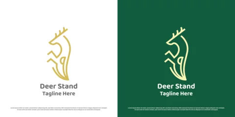Foto op Canvas Deer badge logo design illustration. Linear silhouette of standing deer body reindeer elk fawn doe stag hill animal stand badge stamp hunter club. Simple crest modern geometric minimalist icon symbol. © Morvana