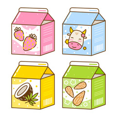 Set of cute cartoon milk drinks isolated on white background - cow, almond, coconut milk and yoghurts - 777269302