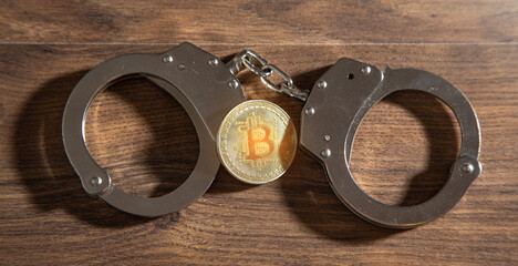 Golden bitcoin and handcuffs. Virtual currency