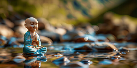 Meditating monk figurine in nature next to a brook. Banner with copy space. - obrazy, fototapety, plakaty