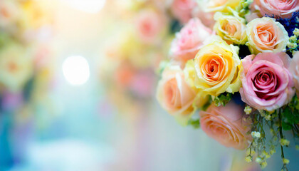 Flowers Wall Background With Amazing Multicolor Roses, Wedding Decoration, Retro Filter Tone. - obrazy, fototapety, plakaty