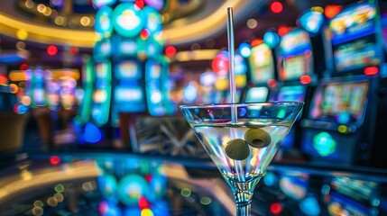 Shot taken from a cinematic vantage point depicting a martini glass with an olive over a casino table with fuzzy slot machines in the setting and space, Generative AI.