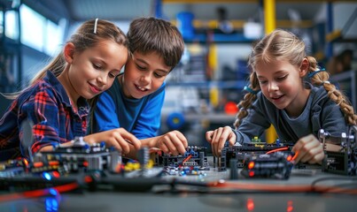 Cute children building robot together during engineering class at modern school