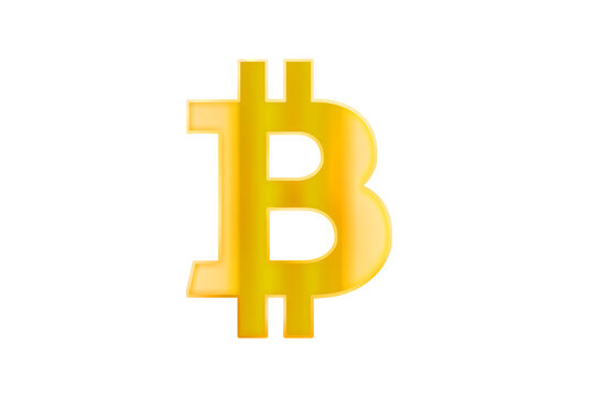 A shiny yellow Bitcoin symbol on a white background, representing cryptocurrency