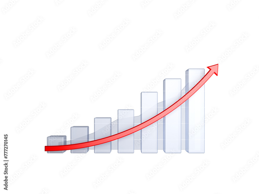 Poster a rising bar graph with a red arrow pointing upwards, representing growth or success, displayed on a