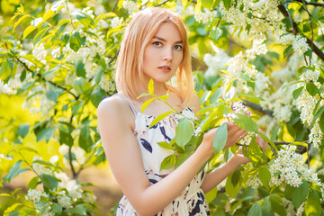 Close-up portrait of an attractive young woman dressed in a dress posing against a background of blooming white apple flowers.