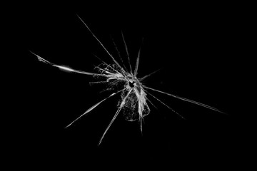 Broken glass. Cracked window texture realistic destruction hole in damaged glass. Vector realistic shattered glass template in Black