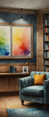 for advertisement and banner as Lounge Creativity The creative pulse of an office lounge area in watercolor strokes. in watercolor office room theme ,Full depth of field, high quality ,include copy sp