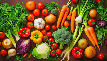 Food background with assortment of fresh organic vegetables - obrazy, fototapety, plakaty