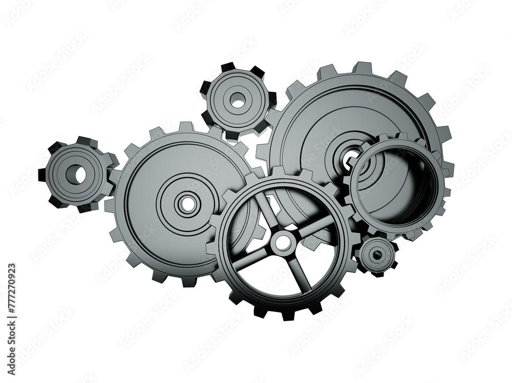 Poster a cluster of interconnected metal gears on a white background, symbolizing machinery or mechanical p
