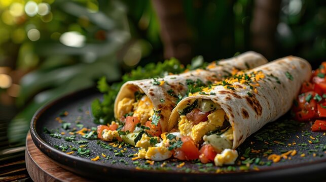 breakfast burrito, featuring perfectly wrapped tortillas filled with eggs, veggies, and cheese
