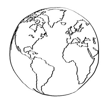 recommend clip art: A black and white illustration of a globe, with simplified outlines of continents on a white background, depicting the concept of earth