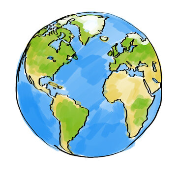 An illustrated globe featuring a simplified map with continents, in a hand-drawn style, presented on a white background, representing the concept of Earth