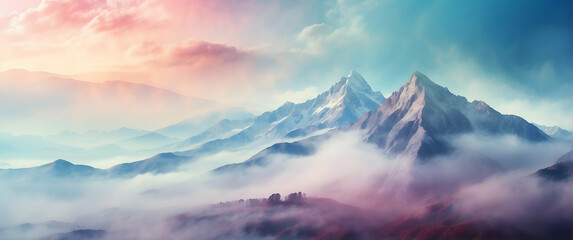 for advertisement and banner as Mountain Mist Misty mountains in watercolor evoke a sense of...