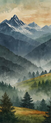 for advertisement and banner as Mountain Mist Misty mountains in watercolor evoke a sense of mystery and depth. in watercolor landscape theme theme ,Full depth of field, high quality ,include copy spa