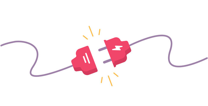 Plug electric turn off connection flat cartoon icon vector graphic illustration, idea of 404 error internet web page element, wire network cable disconnect, unplug electricity socket image clipart