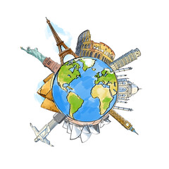 A hand-drawn globe with iconic world landmarks surrounding it, presented on a white background illustrating the concept of global travel - 777271515