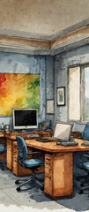 for advertisement and banner as Open Space Odyssey An open office space odyssey illustrated with vibrant watercolors. in watercolor office room theme ,Full depth of field, high quality ,include copy s