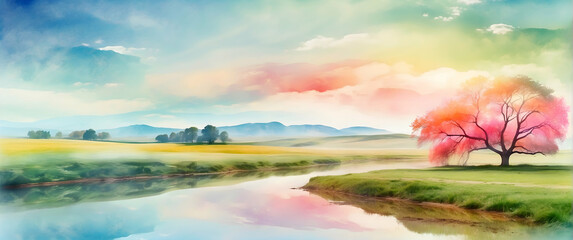 for advertisement and banner as Pastoral Serenity Gentle watercolor strokes depict a serene pastoral landscape. in watercolor landscape theme theme ,Full depth of field, high quality ,include copy spa - obrazy, fototapety, plakaty