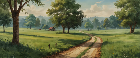 for advertisement and banner as Pastoral Serenity Gentle watercolor strokes depict a serene pastoral landscape. in watercolor landscape theme theme ,Full depth of field, high quality ,include copy spa - obrazy, fototapety, plakaty