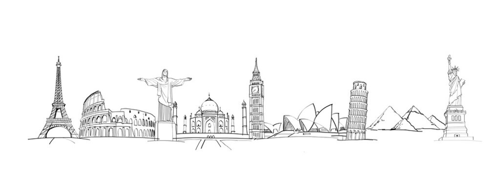 Line drawing of famous world landmarks on a white background, depicted in a hand-drawn sketch style, representing travel concepts